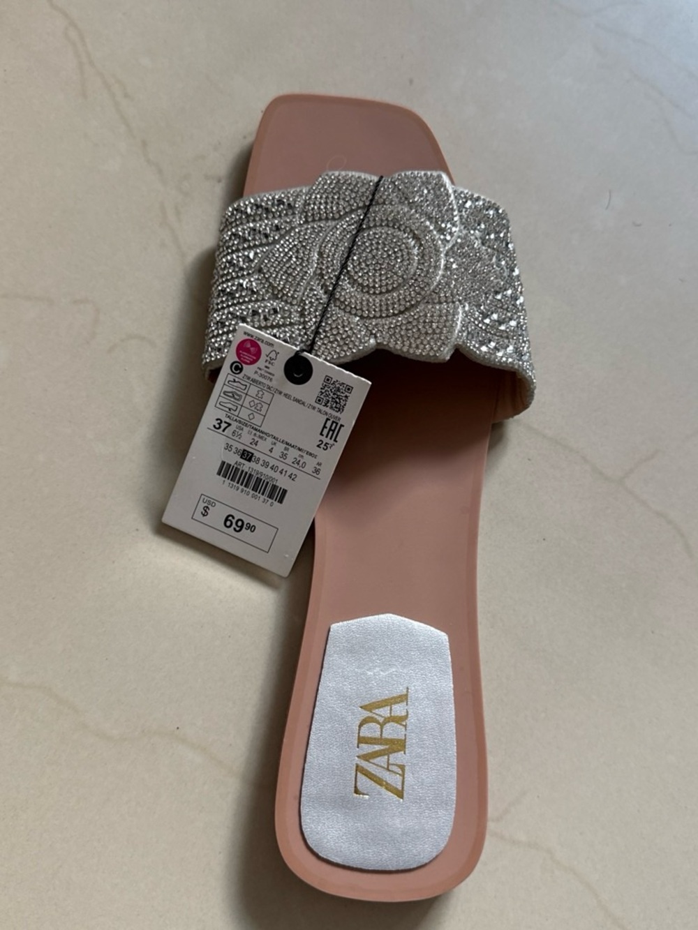 Zara Silver Beaded Slide Mule with Blush Footbed